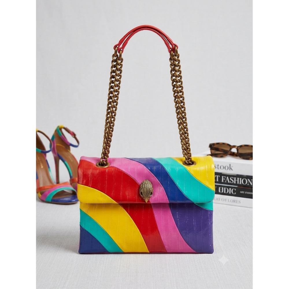 Kurt Geiger London Leather Kensington Bag Rainbow Patent Stripe Eagle Head New